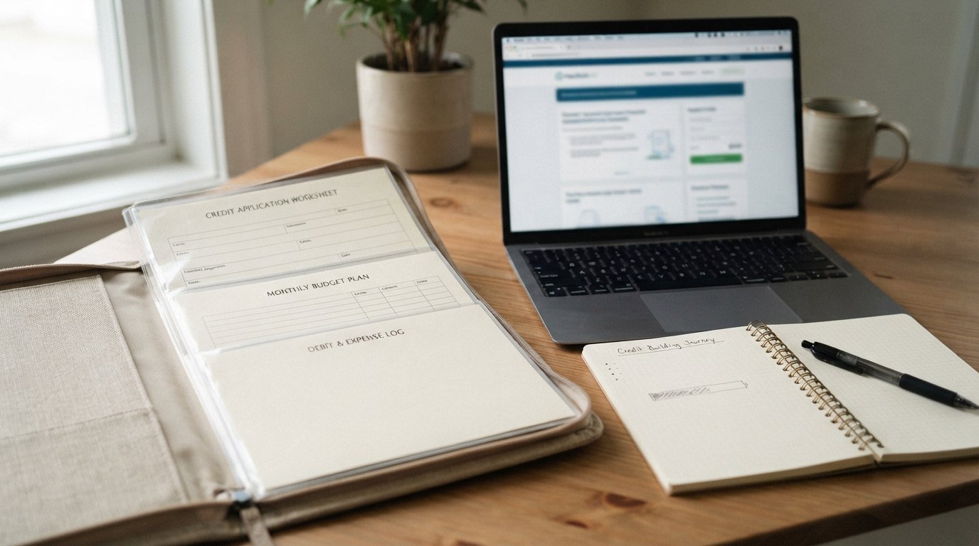 Laptop showing a blurred credit summary beside a notebook