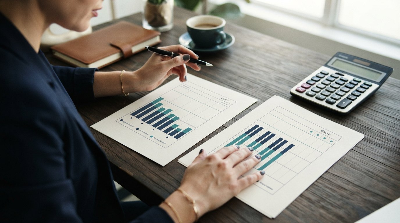 Person studying a balance chart with a calculator