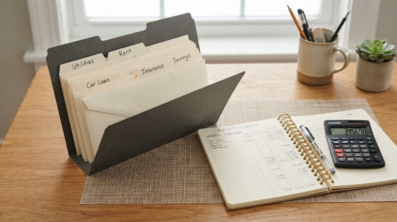 Several bills organized into one folder with a calculator