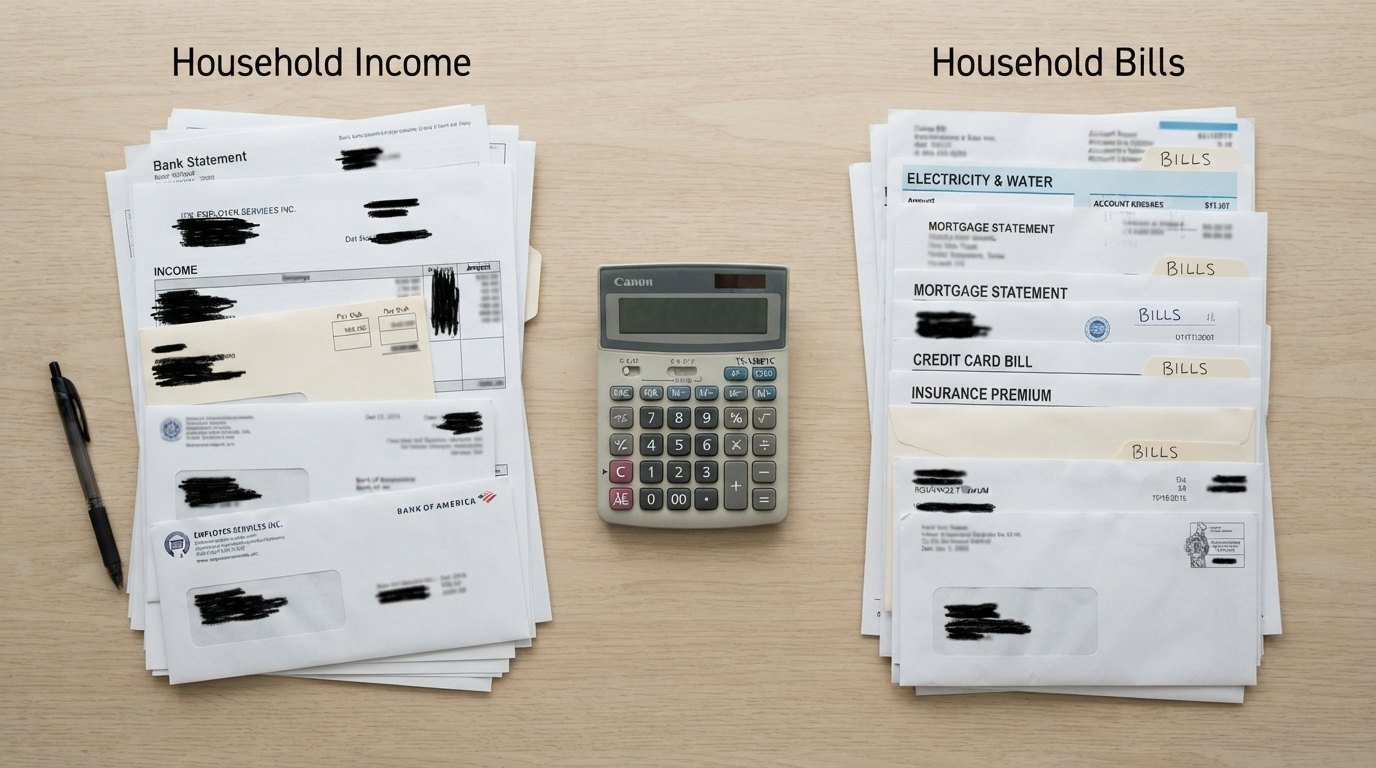 Household income and bill papers separated by a calculator