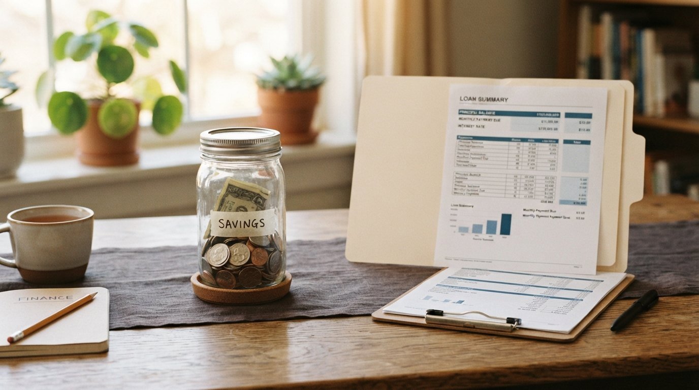 Savings jar beside a bill and budget notebook
