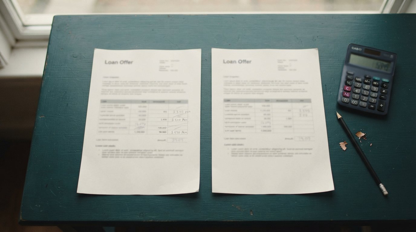 Two loan offer sheets and a calculator arranged for comparison
