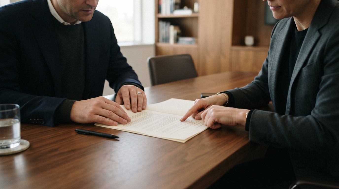 Two people carefully reviewing an agreement together