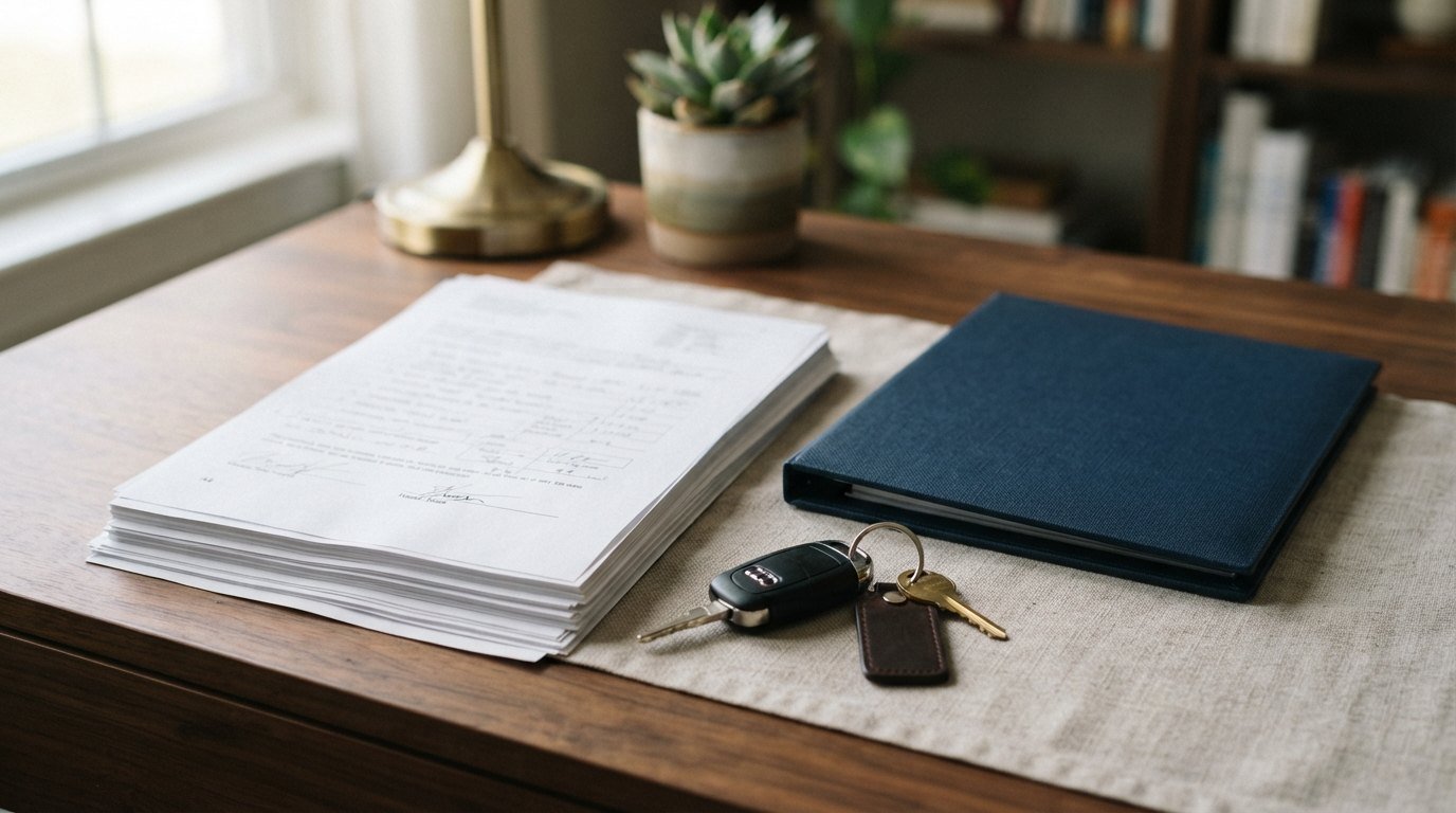 Final loan paperwork and a car key beside a closed folder