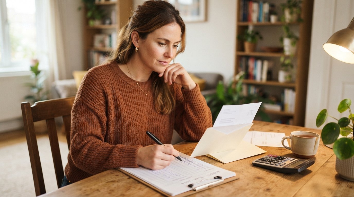 Borrower reviewing a payment letter at a kitchen table