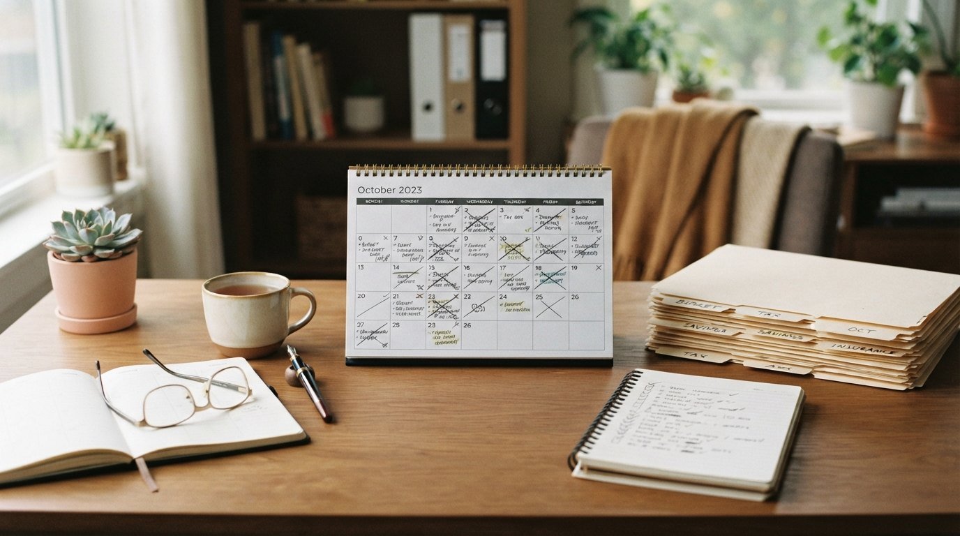 Calendar and payment records at a home desk