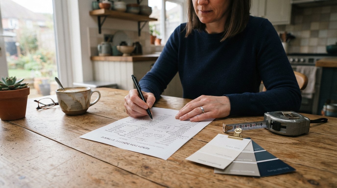 Homeowner reviewing a renovation budget and paint swatches