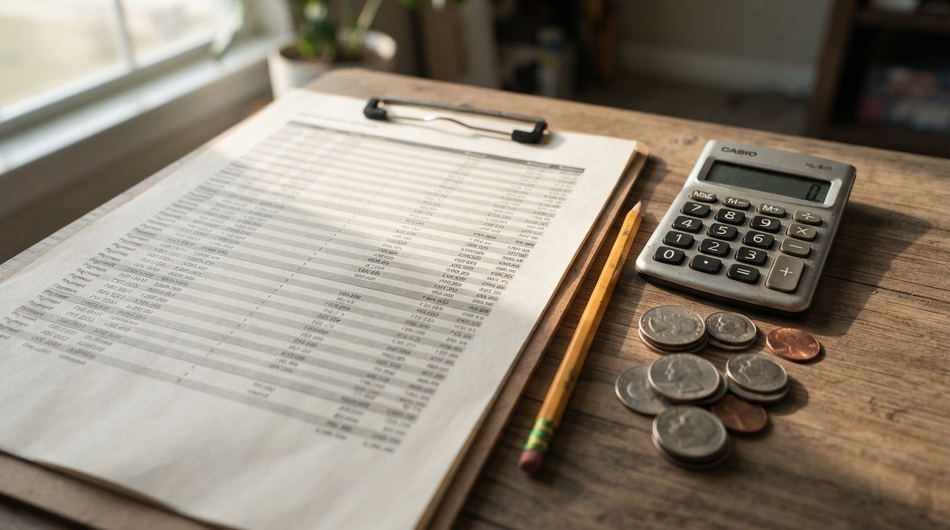 Payment worksheet with calculator, pencil and coins