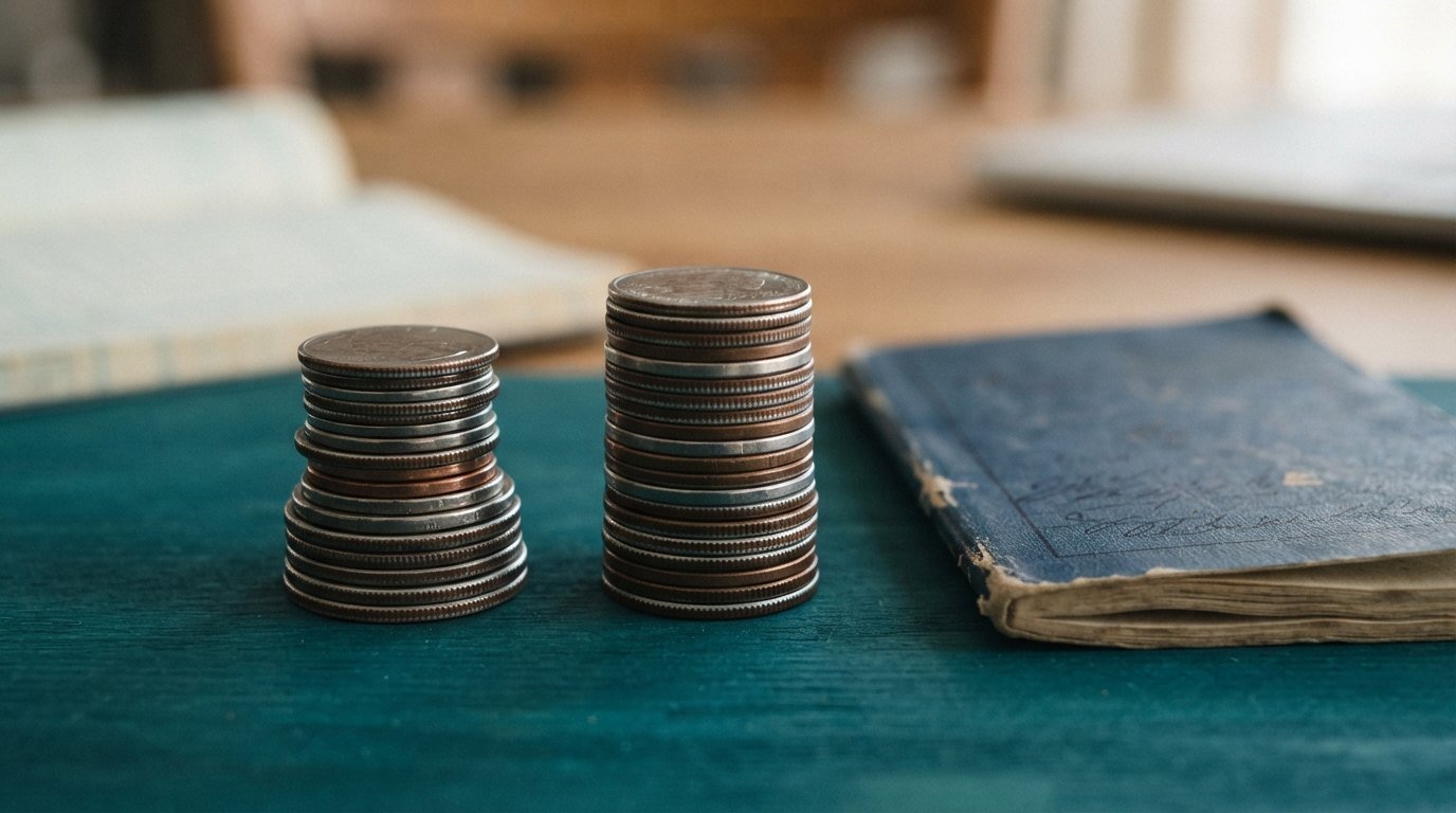 Two stacks of coins beside an unbranded financial document