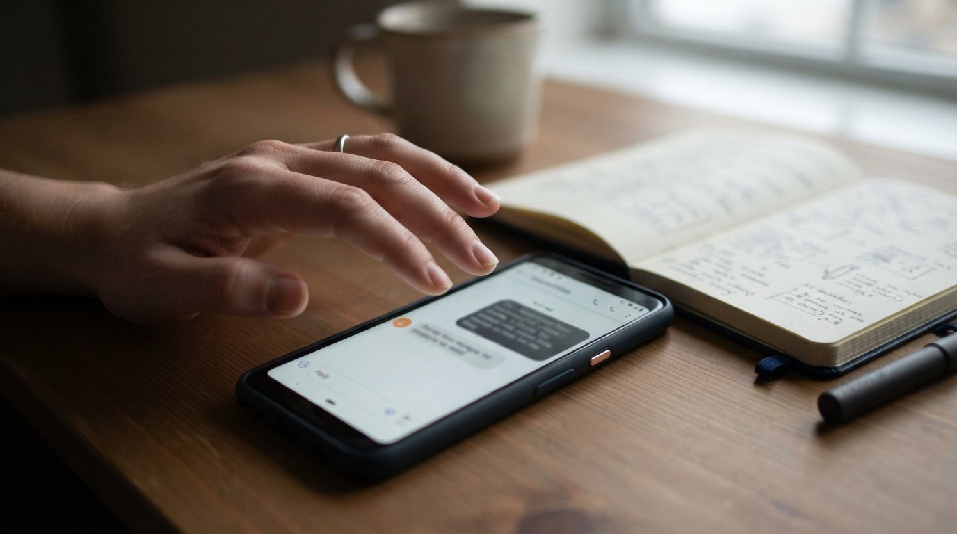 Hand reviewing a suspicious message on a smartphone