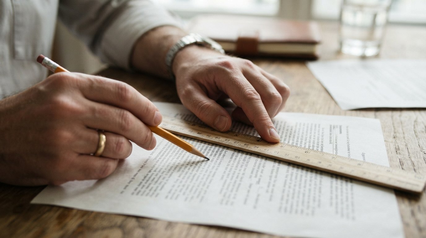 Hands checking the fine print of an unbranded loan agreement