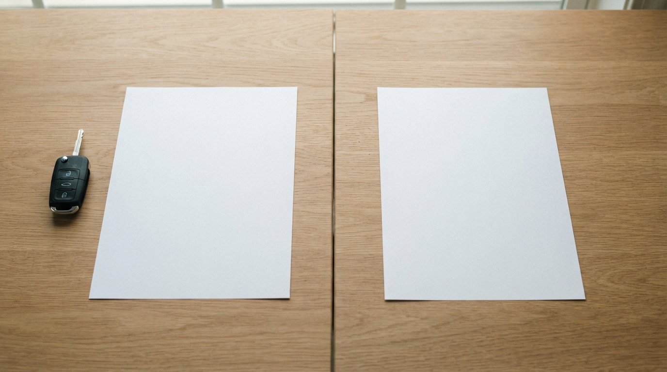 Car key beside two blank loan agreement sheets