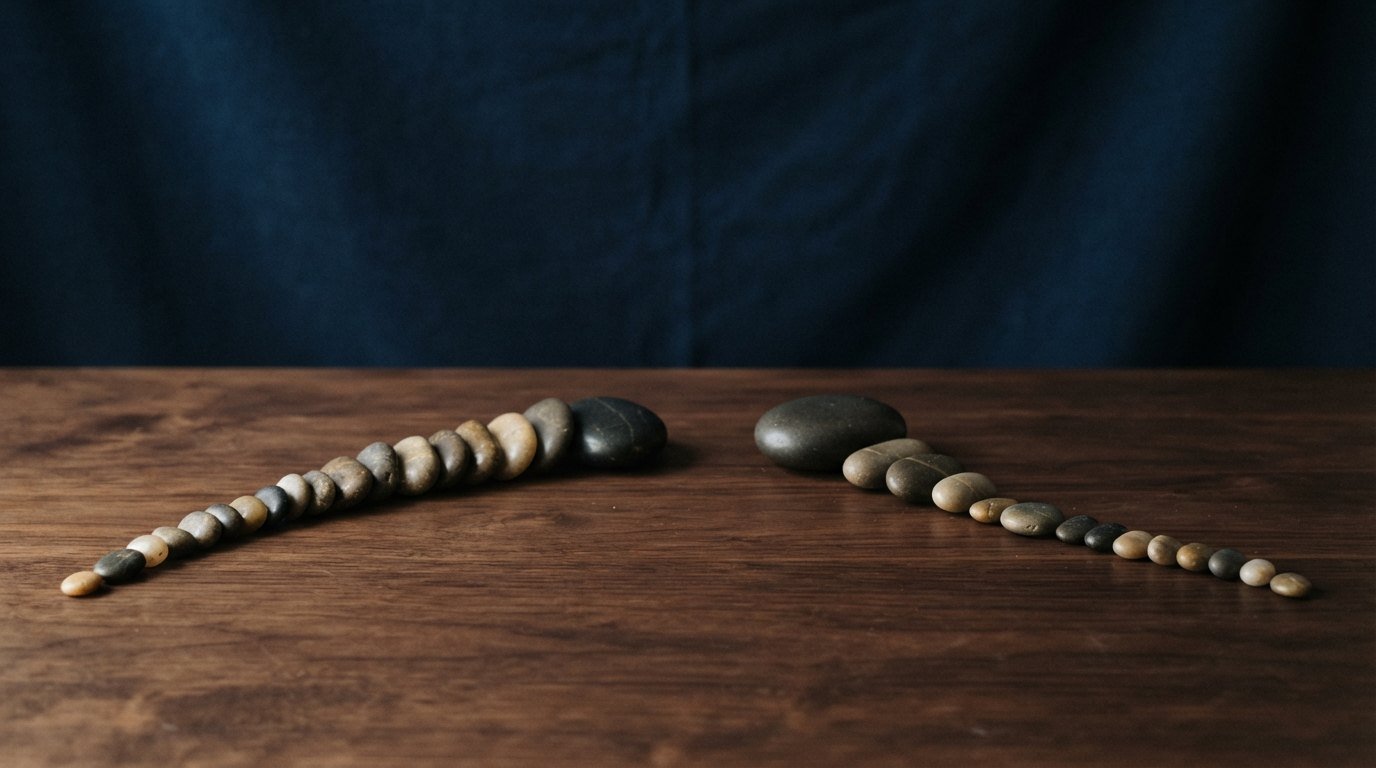 Two different arrangements of small stones on a wooden table