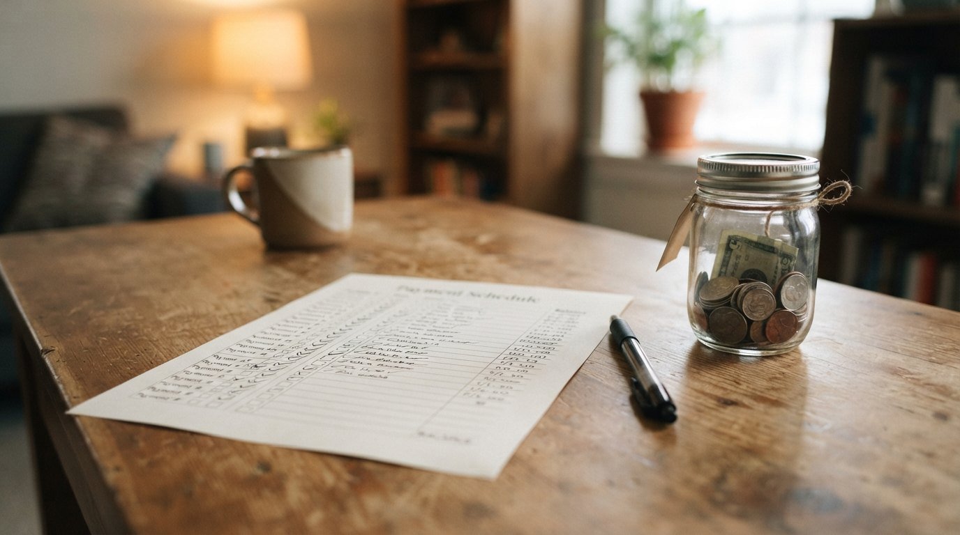 Savings jar beside debt relief paperwork on a home table
